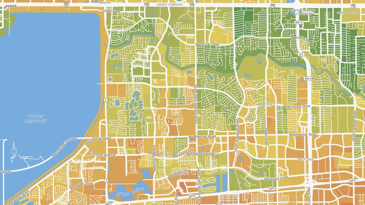 Map of the best neighborhoods in the 77077 area, with better matches in green and worse matches in red