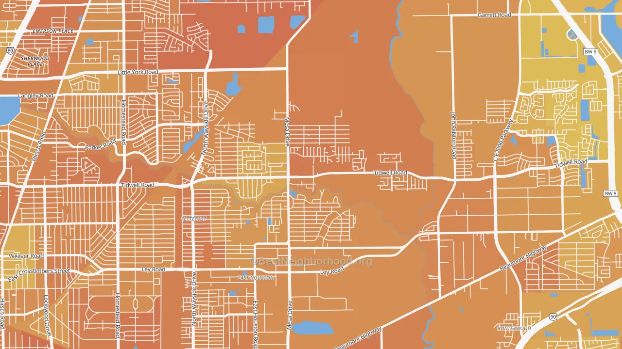 Map of the best neighborhoods in the 77078 area, with better matches in green and worse matches in red