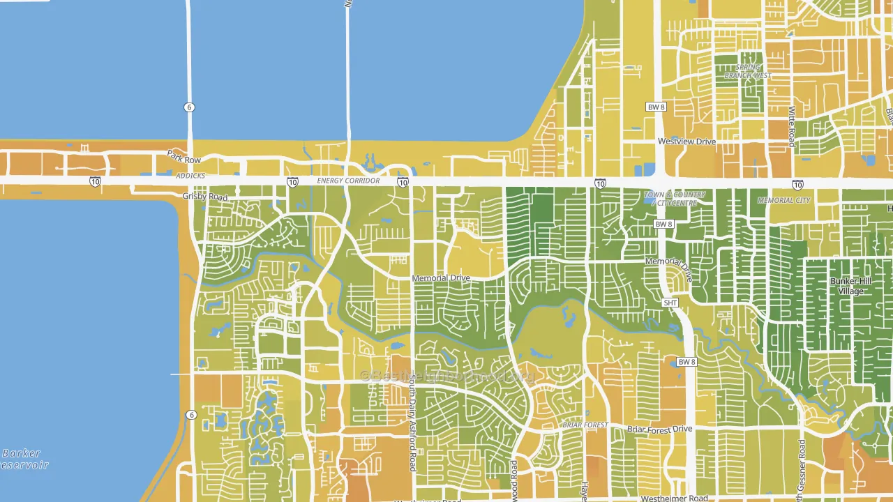 Map of the best neighborhoods in the 77079 area, with better matches in green and worse matches in red