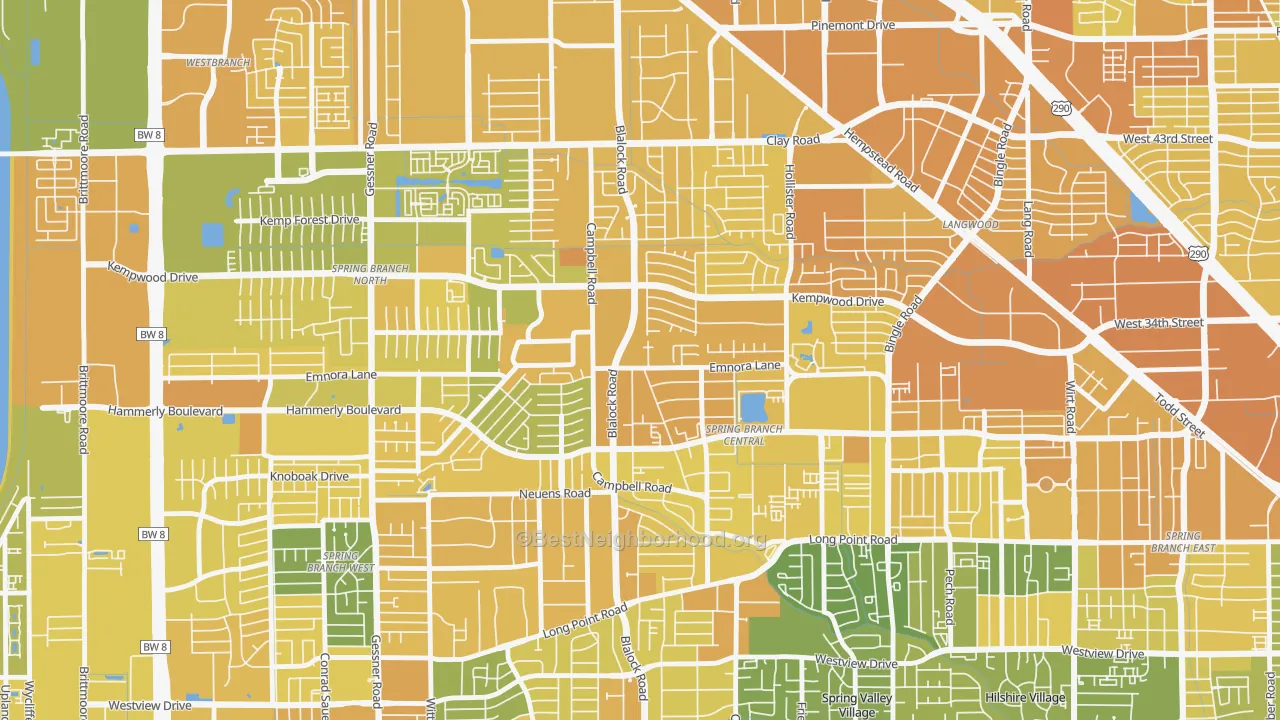 Map of the best neighborhoods in the 77080 area, with better matches in green and worse matches in red