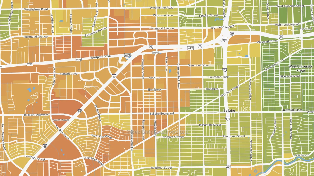 Map of the best neighborhoods in the 77081 area, with better matches in green and worse matches in red