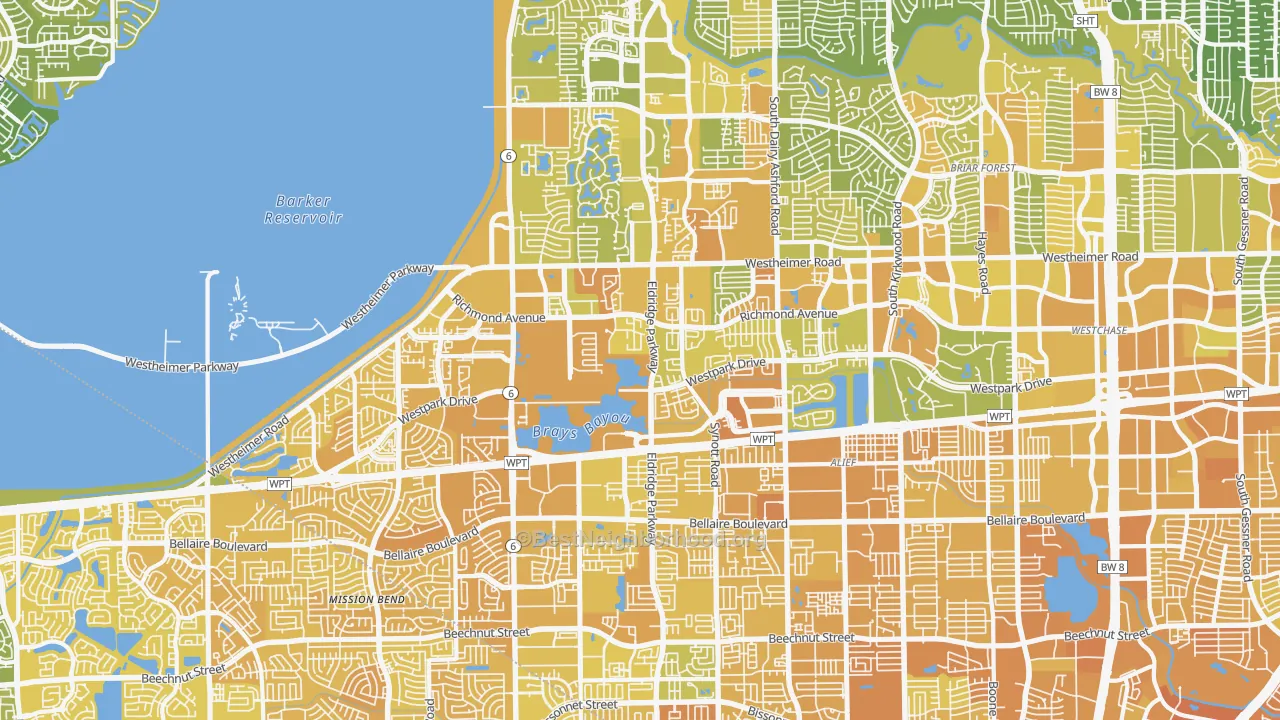 Map of the best neighborhoods in the 77082 area, with better matches in green and worse matches in red