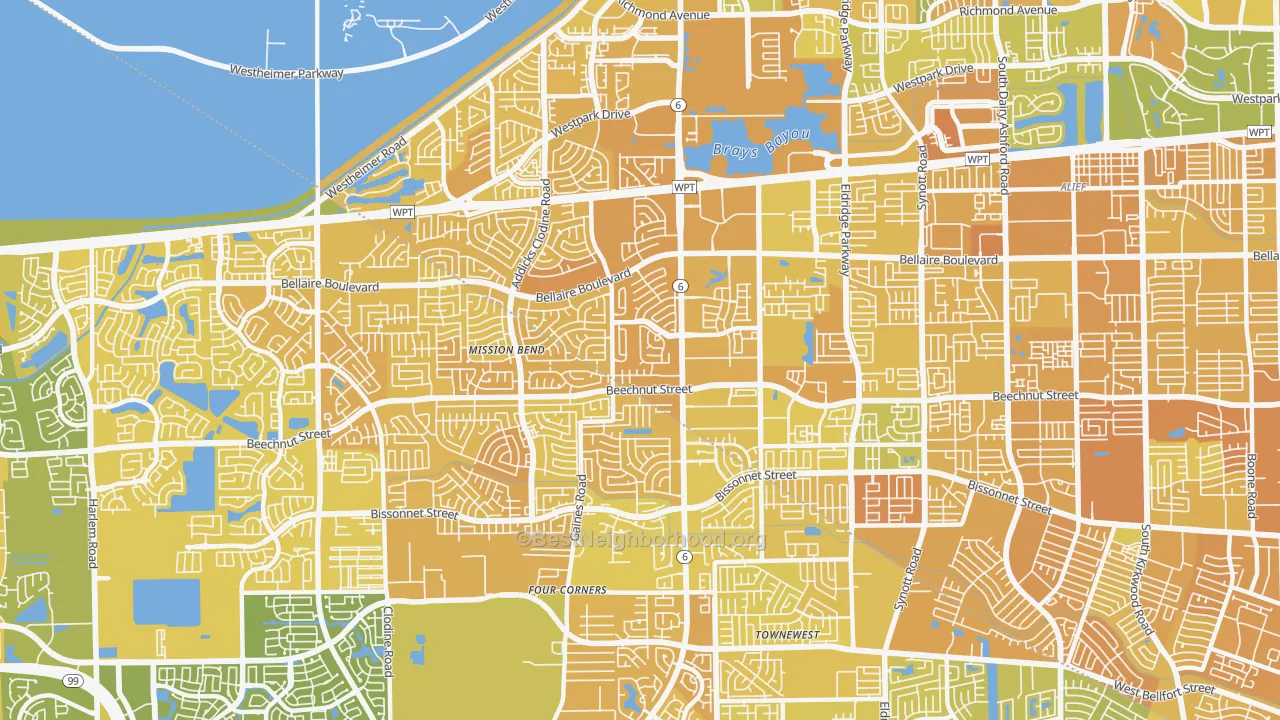 Map of the best neighborhoods in the 77083 area, with better matches in green and worse matches in red