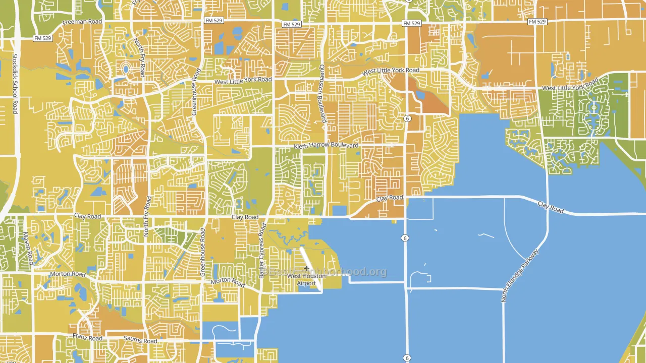 Map of the best neighborhoods in the 77084 area, with better matches in green and worse matches in red