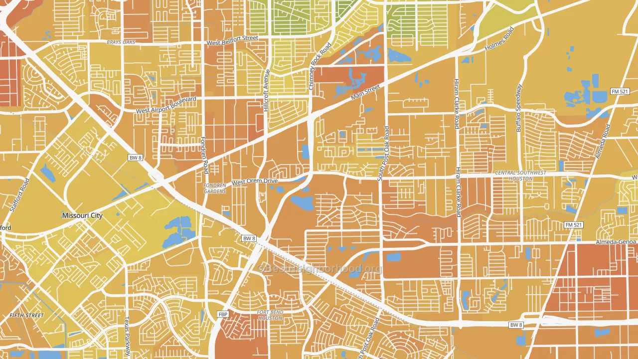 Map of the best neighborhoods in the 77085 area, with better matches in green and worse matches in red