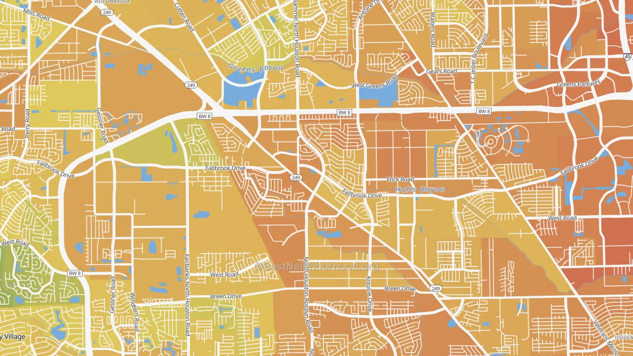 Map of the best neighborhoods in the 77086 area, with better matches in green and worse matches in red