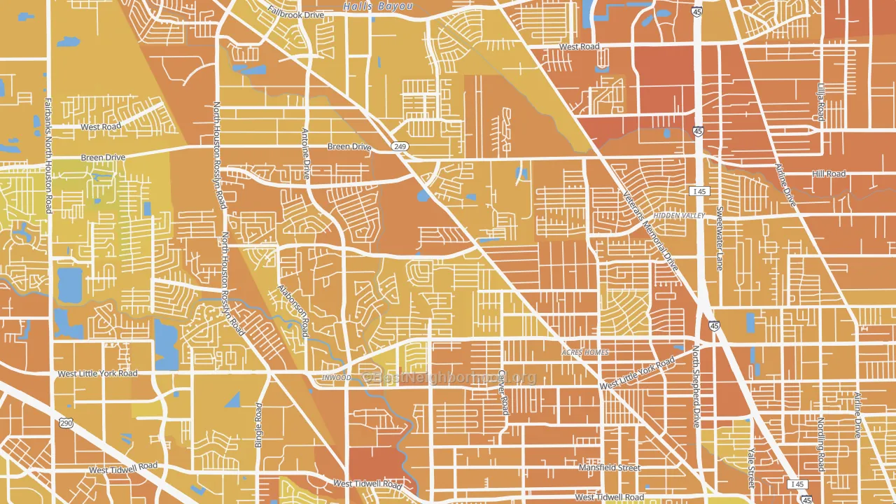 Map of the best neighborhoods in the 77088 area, with better matches in green and worse matches in red
