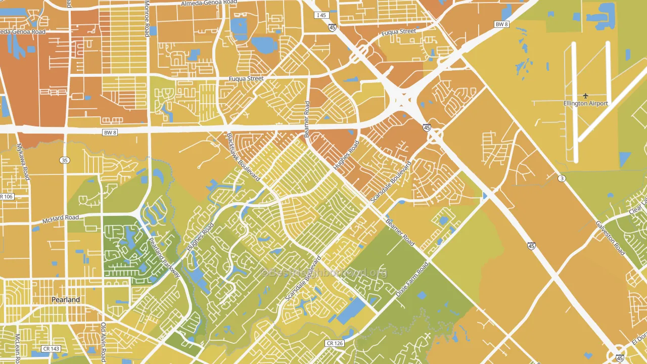 Map of the best neighborhoods in the 77089 area, with better matches in green and worse matches in red