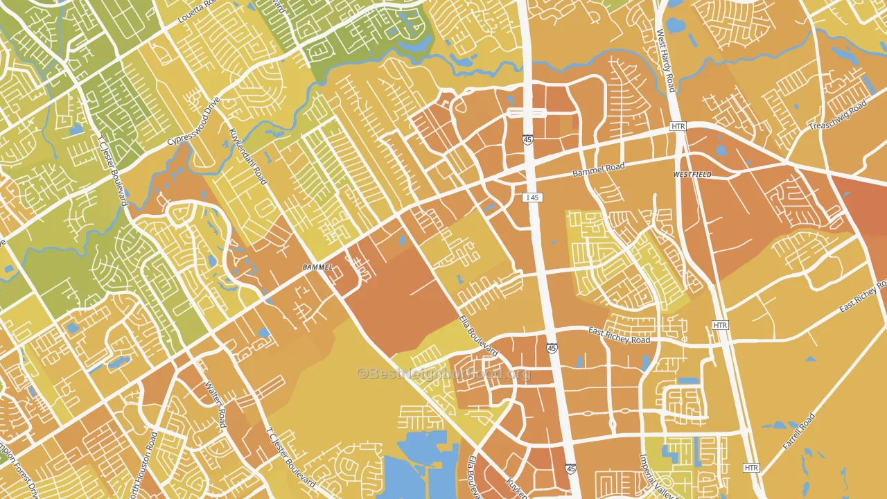 Map of the best neighborhoods in the 77090 area, with better matches in green and worse matches in red