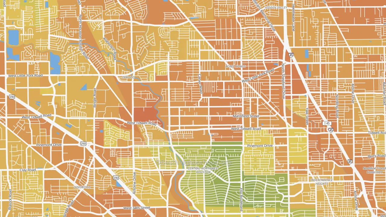 Map of the best neighborhoods in the 77091 area, with better matches in green and worse matches in red