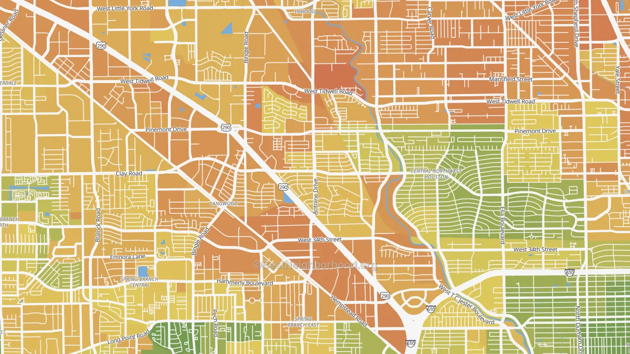 Map of the best neighborhoods in the 77092 area, with better matches in green and worse matches in red