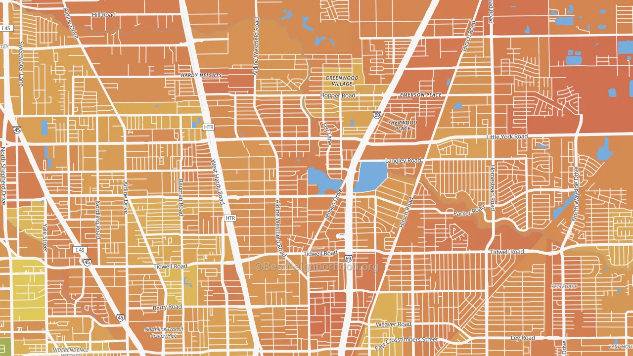 Map of the best neighborhoods in the 77093 area, with better matches in green and worse matches in red