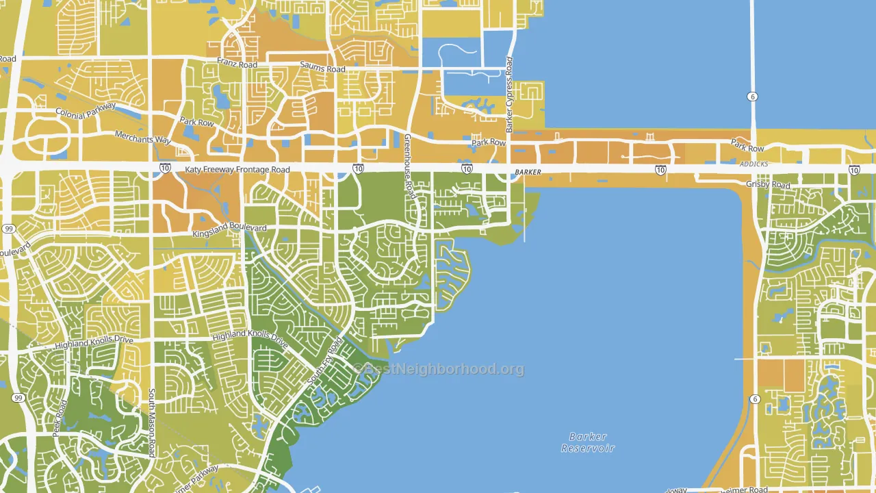Map of the best neighborhoods in the 77094 area, with better matches in green and worse matches in red