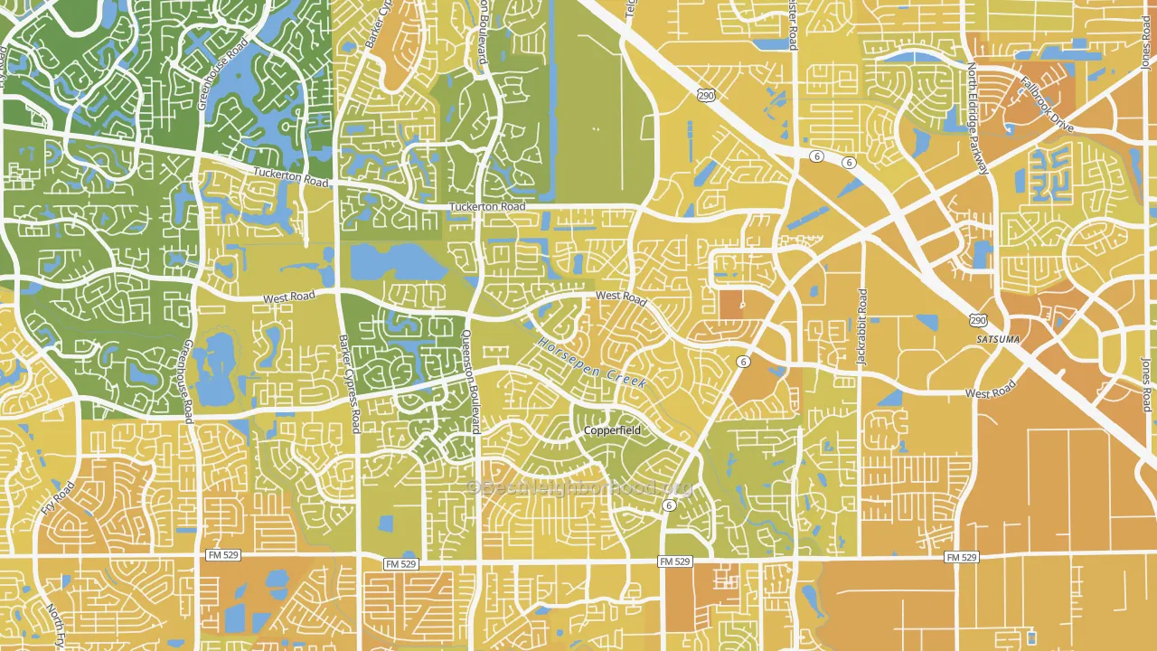 Map of the best neighborhoods in the 77095 area, with better matches in green and worse matches in red