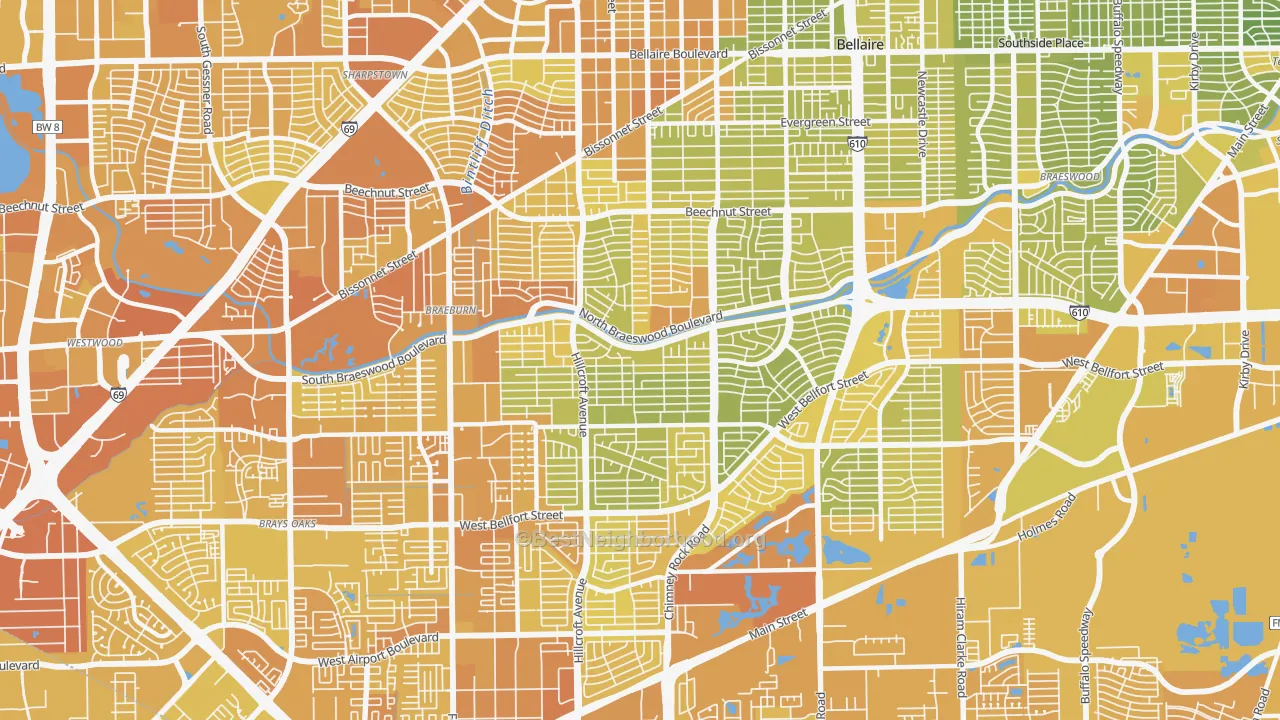 Map of the best neighborhoods in the 77096 area, with better matches in green and worse matches in red