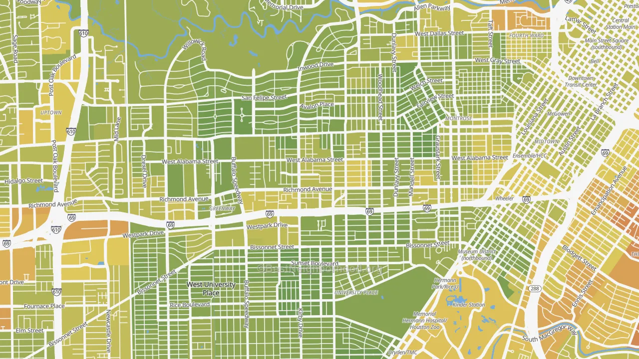 Map of the best neighborhoods in the 77098 area, with better matches in green and worse matches in red