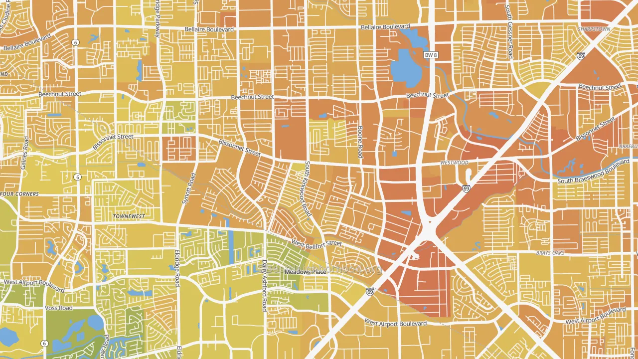 Map of the best neighborhoods in the 77099 area, with better matches in green and worse matches in red