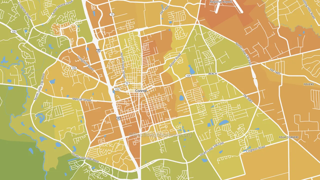 Map of the best neighborhoods in the 77301 area, with better matches in green and worse matches in red