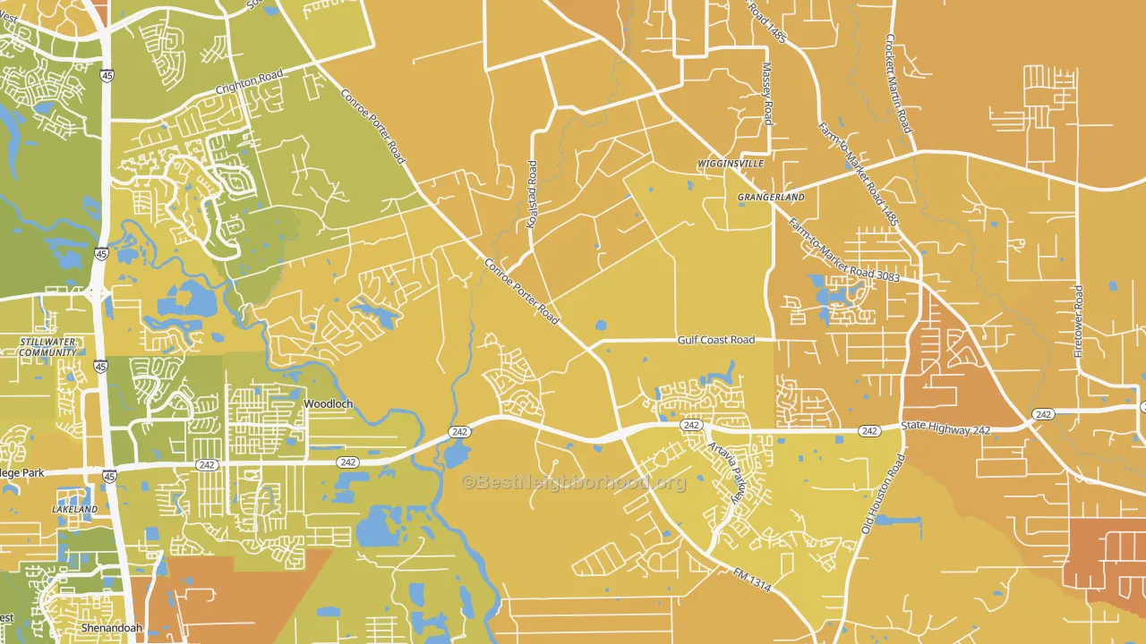 Map of the best neighborhoods in the 77302 area, with better matches in green and worse matches in red