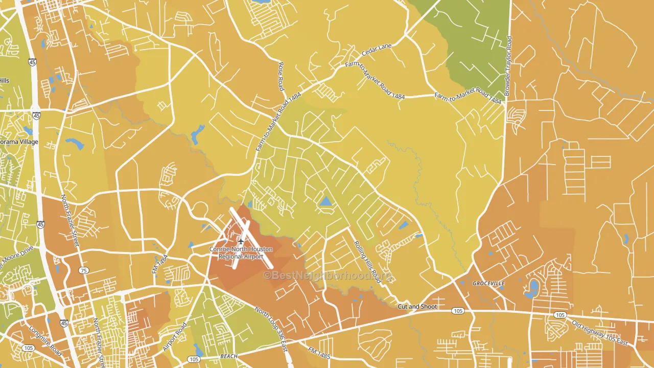 Map of the best neighborhoods in the 77303 area, with better matches in green and worse matches in red