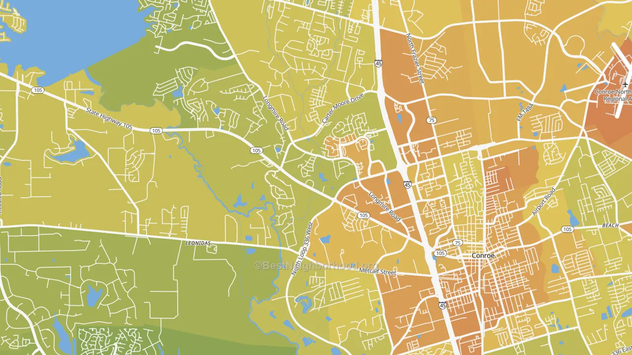 Map of the best neighborhoods in the 77304 area, with better matches in green and worse matches in red