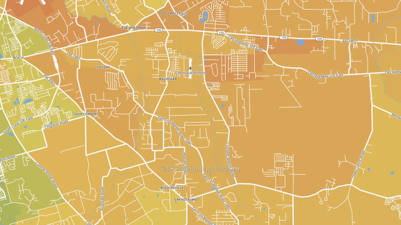 Map of the best neighborhoods in the 77306 area, with better matches in green and worse matches in red
