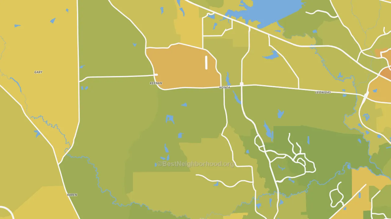 Map of the best neighborhoods in the 77316 area, with better matches in green and worse matches in red