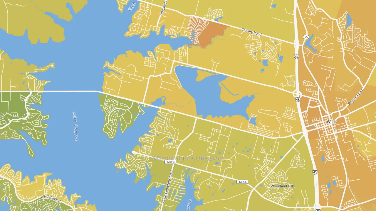 Map of the best neighborhoods in the 77318 area, with better matches in green and worse matches in red