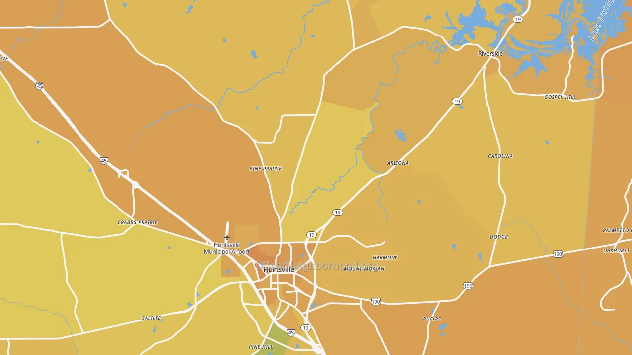 Map of the best neighborhoods in the 77320 area, with better matches in green and worse matches in red