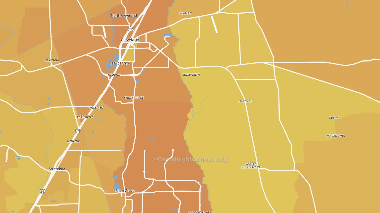Map of the best neighborhoods in the 77327 area, with better matches in green and worse matches in red