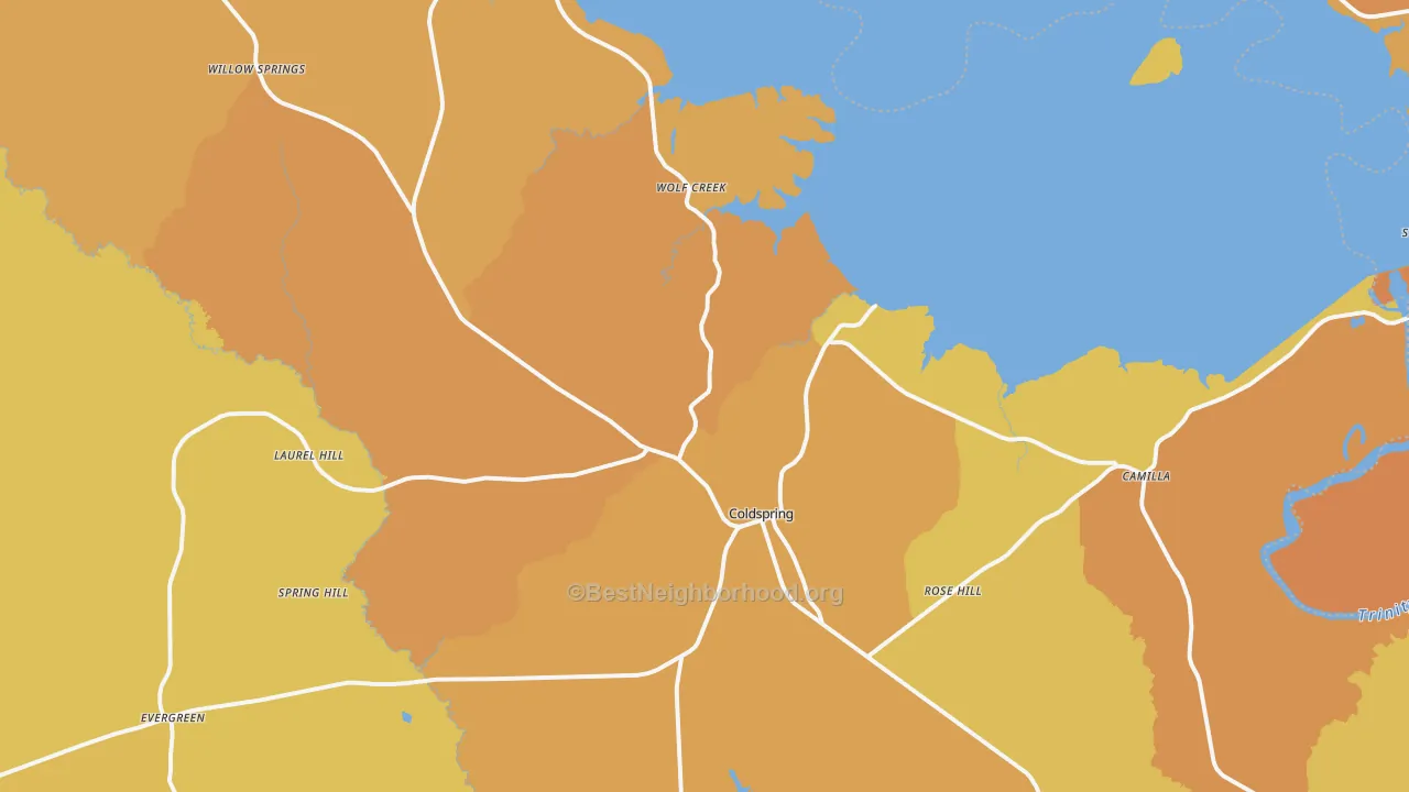 Map of the best neighborhoods in the 77331 area, with better matches in green and worse matches in red