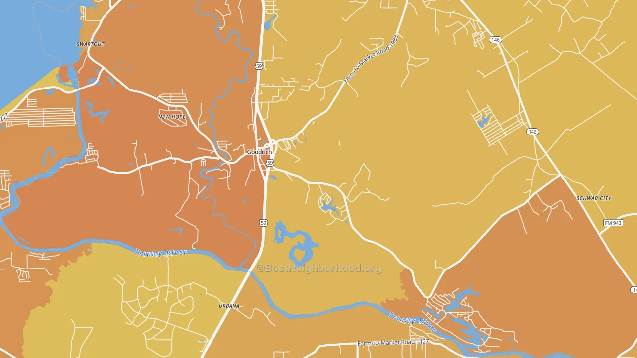 Map of the best neighborhoods in the 77335 area, with better matches in green and worse matches in red