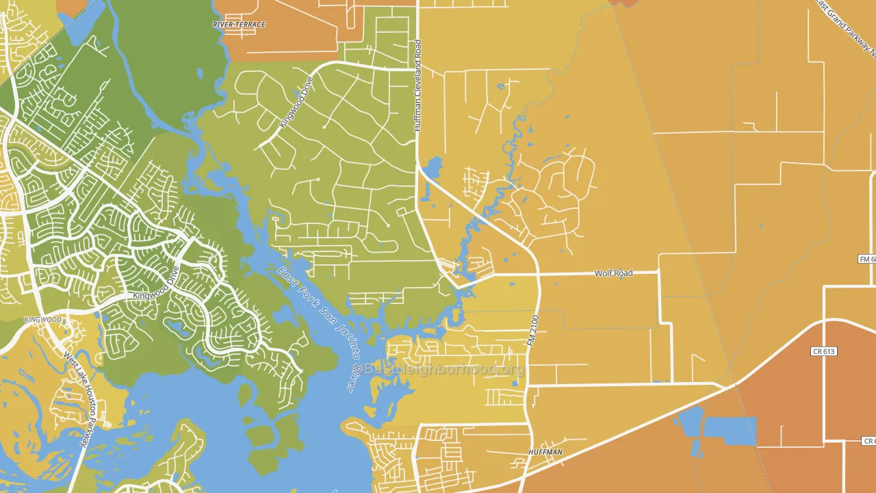 Map of the best neighborhoods in the 77336 area, with better matches in green and worse matches in red