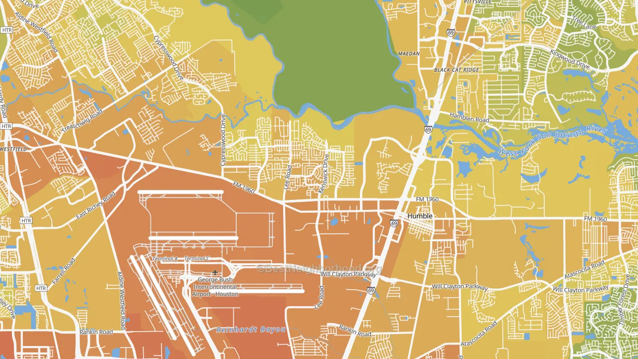 Map of the best neighborhoods in the 77338 area, with better matches in green and worse matches in red