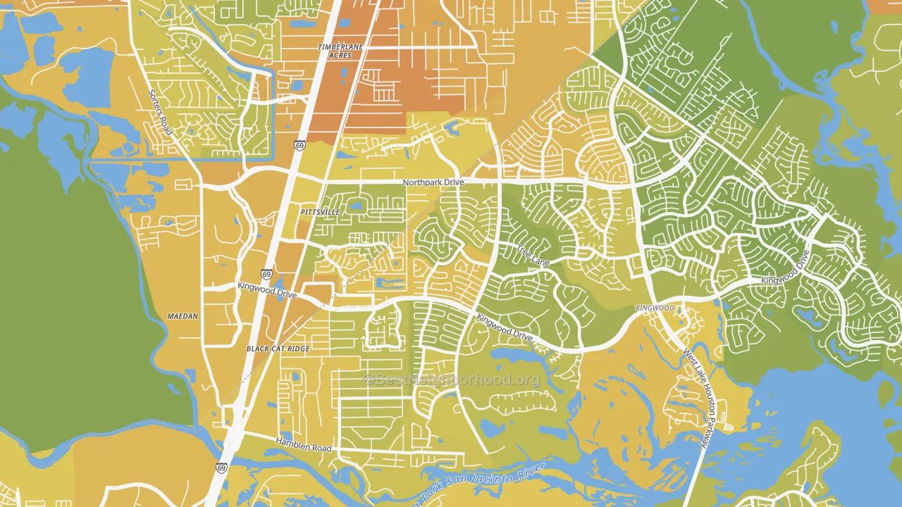 Map of the best neighborhoods in the 77339 area, with better matches in green and worse matches in red