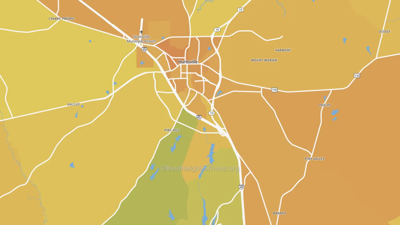 Map of the best neighborhoods in the 77340 area, with better matches in green and worse matches in red