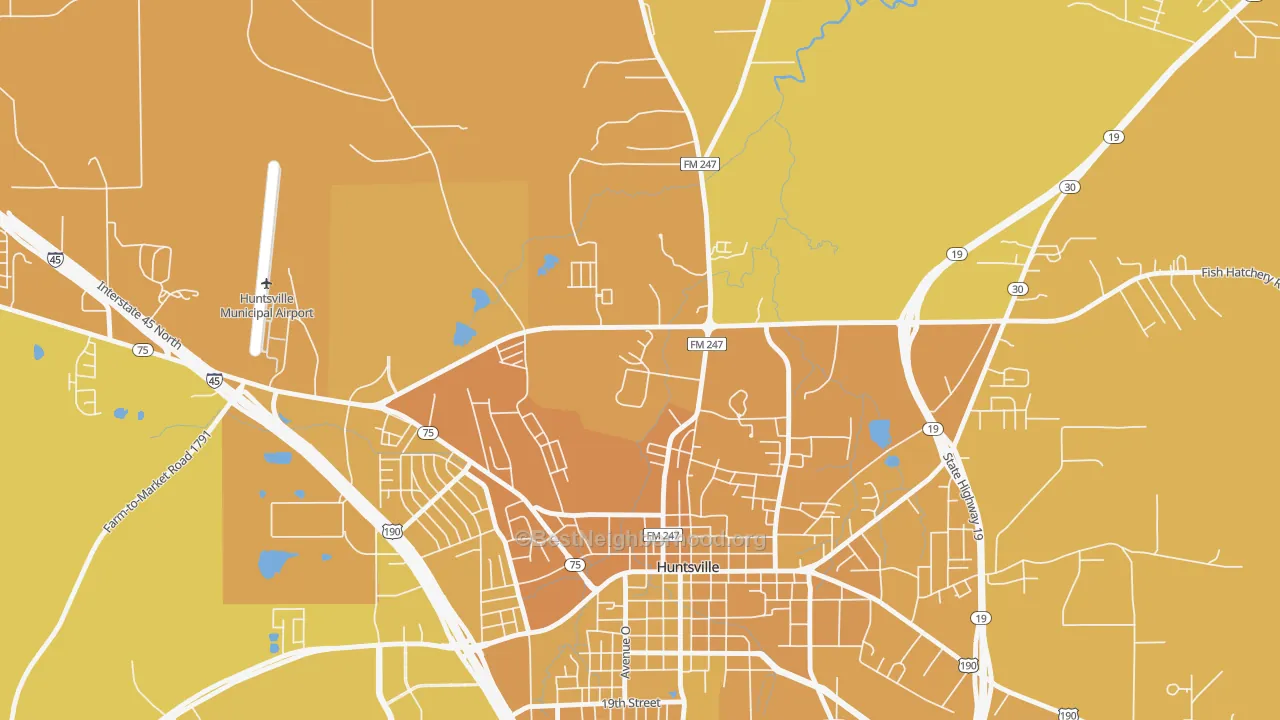 Map of the best neighborhoods in the 77342 area, with better matches in green and worse matches in red