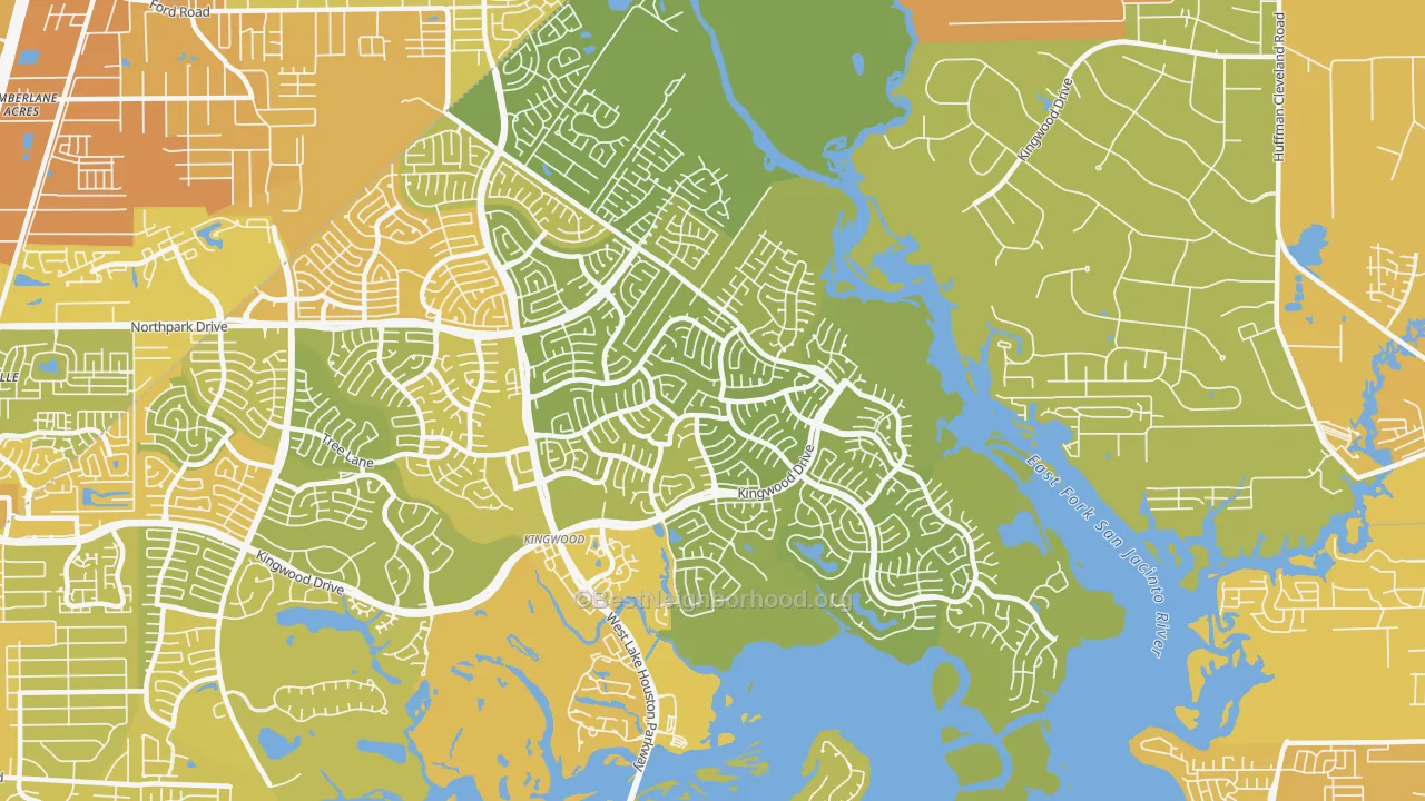 Map of the best neighborhoods in the 77345 area, with better matches in green and worse matches in red