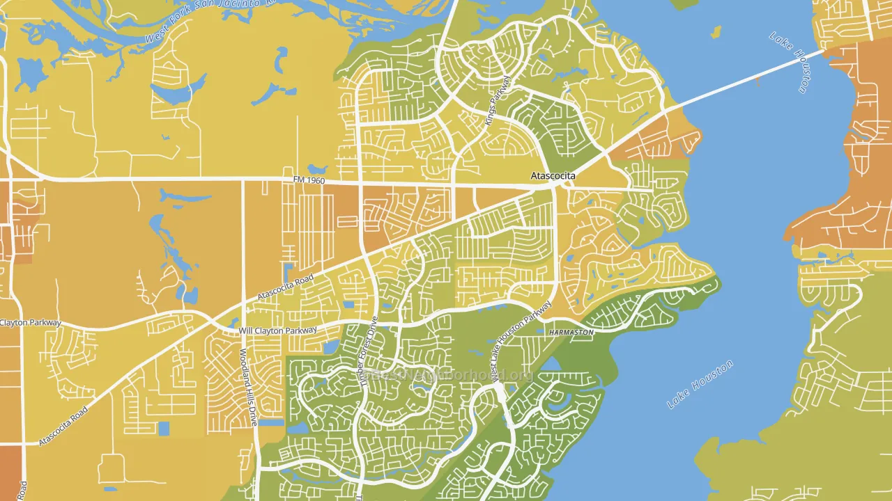 Map of the best neighborhoods in the 77346 area, with better matches in green and worse matches in red