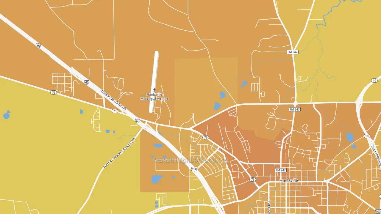 Map of the best neighborhoods in the 77349 area, with better matches in green and worse matches in red