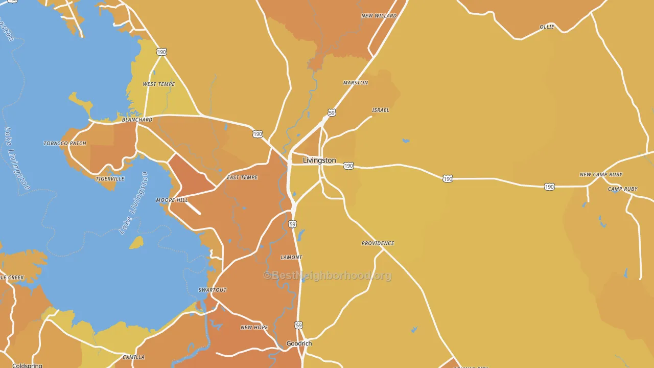 Map of the best neighborhoods in the 77351 area, with better matches in green and worse matches in red