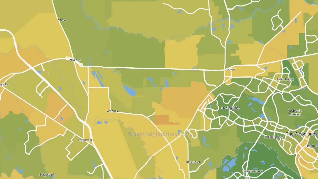 Map of the best neighborhoods in the 77354 area, with better matches in green and worse matches in red