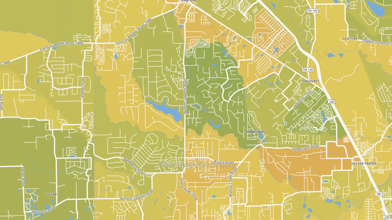 Map of the best neighborhoods in the 77355 area, with better matches in green and worse matches in red