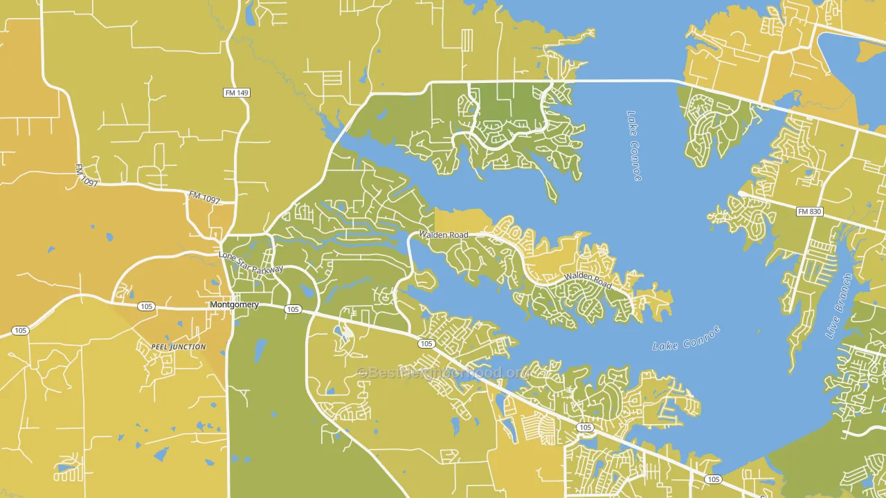 Map of the best neighborhoods in the 77356 area, with better matches in green and worse matches in red