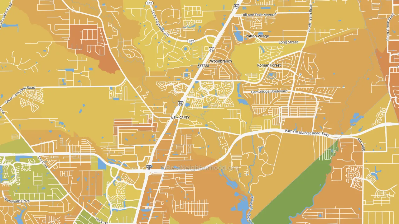 Map of the best neighborhoods in the 77357 area, with better matches in green and worse matches in red