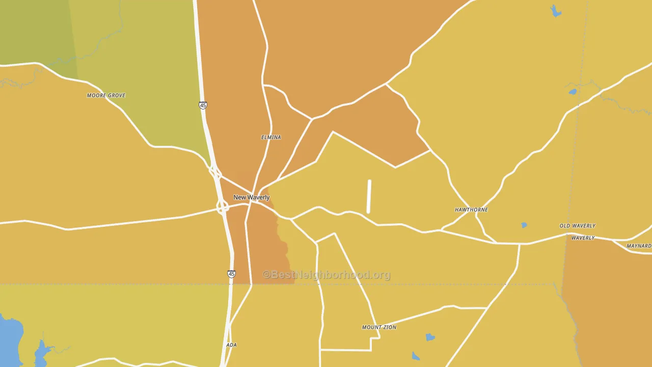 Map of the best neighborhoods in the 77358 area, with better matches in green and worse matches in red
