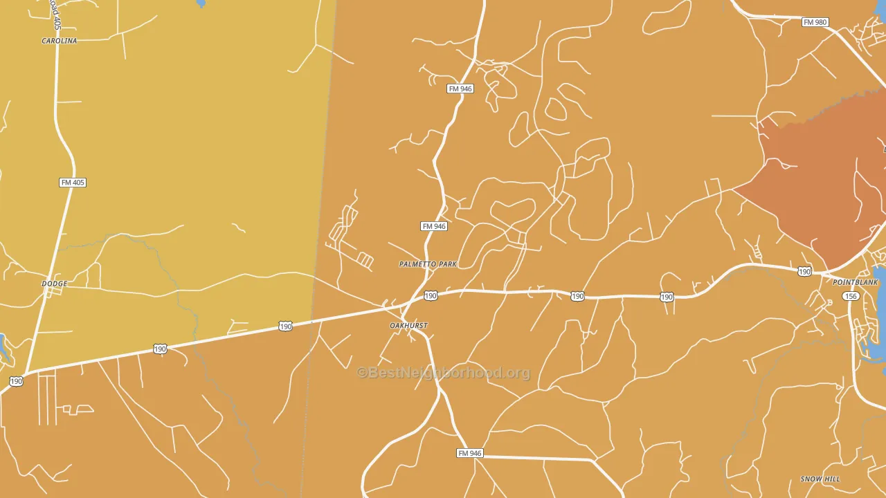 Map of the best neighborhoods in the 77359 area, with better matches in green and worse matches in red