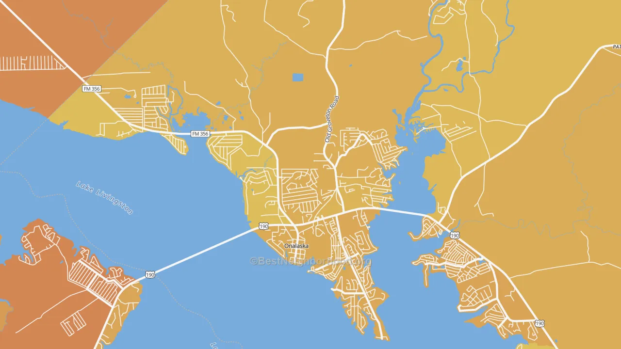 Map of the best neighborhoods in the 77360 area, with better matches in green and worse matches in red