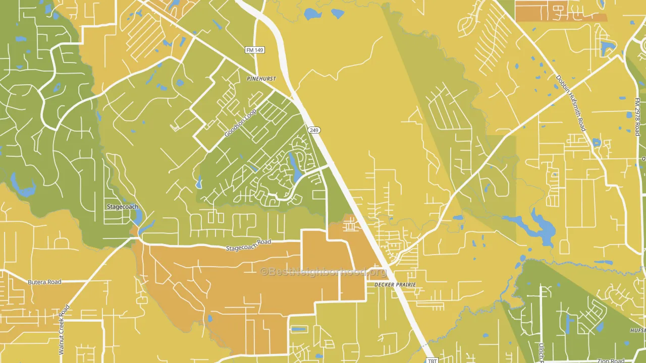 Map of the best neighborhoods in the 77362 area, with better matches in green and worse matches in red