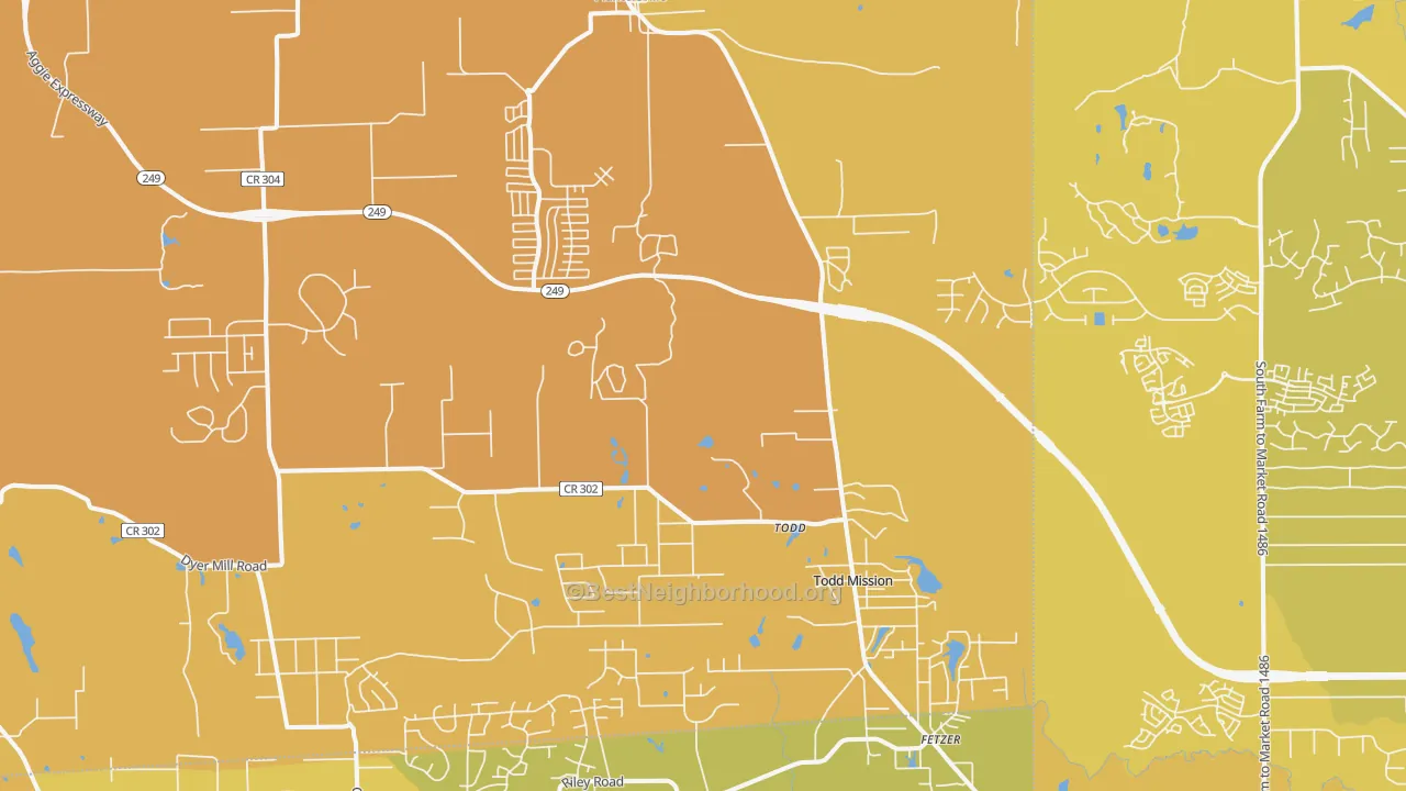 Map of the best neighborhoods in the 77363 area, with better matches in green and worse matches in red